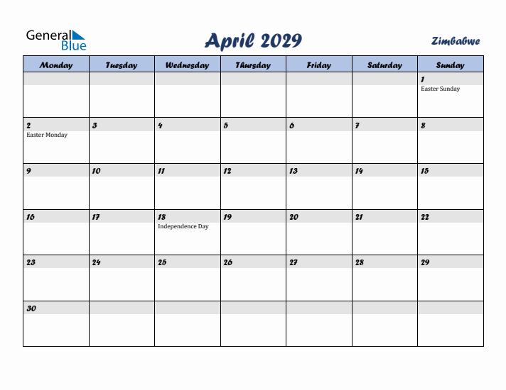 April 2029 Calendar with Holidays in Zimbabwe