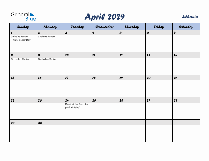 April 2029 Calendar with Holidays in Albania
