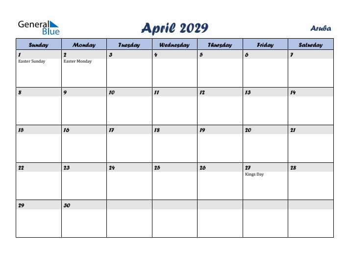 April 2029 Calendar with Holidays in Aruba