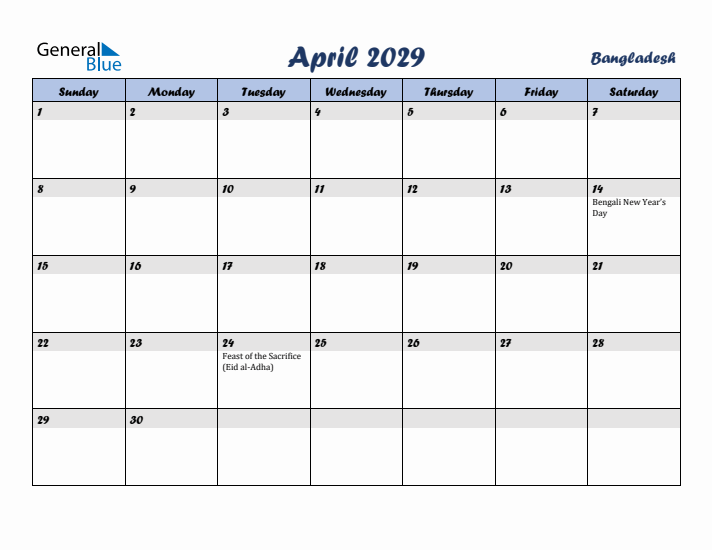 April 2029 Calendar with Holidays in Bangladesh