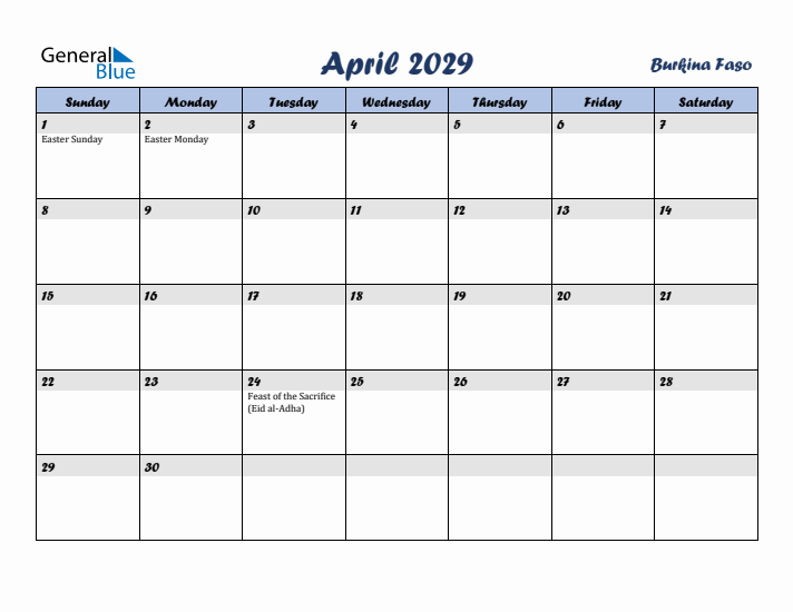 April 2029 Calendar with Holidays in Burkina Faso