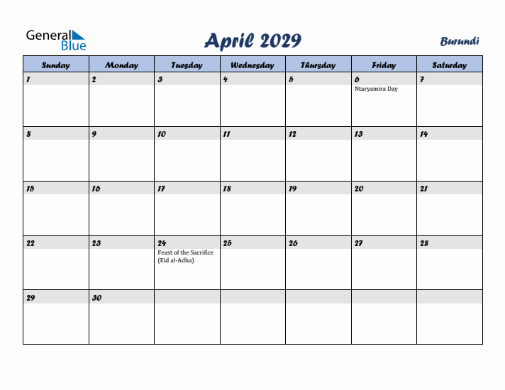 April 2029 Calendar with Holidays in Burundi