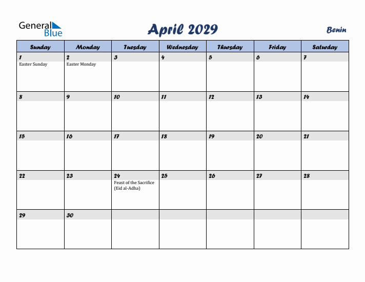 April 2029 Calendar with Holidays in Benin