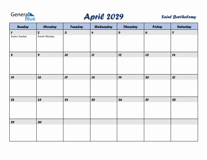 April 2029 Calendar with Holidays in Saint Barthelemy