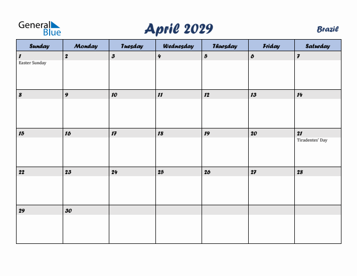 April 2029 Calendar with Holidays in Brazil