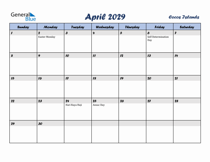 April 2029 Calendar with Holidays in Cocos Islands