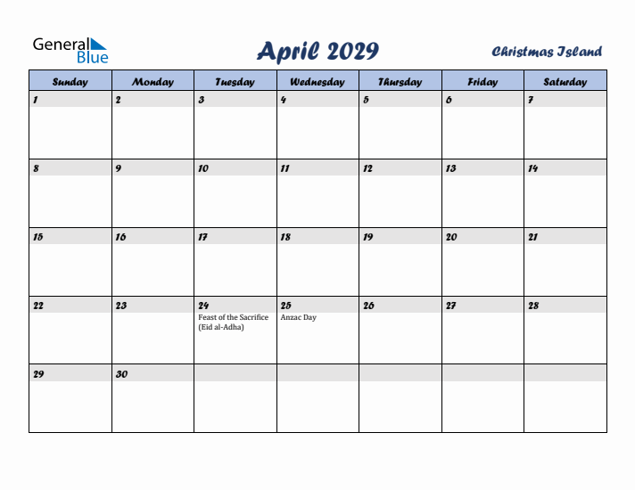 April 2029 Calendar with Holidays in Christmas Island