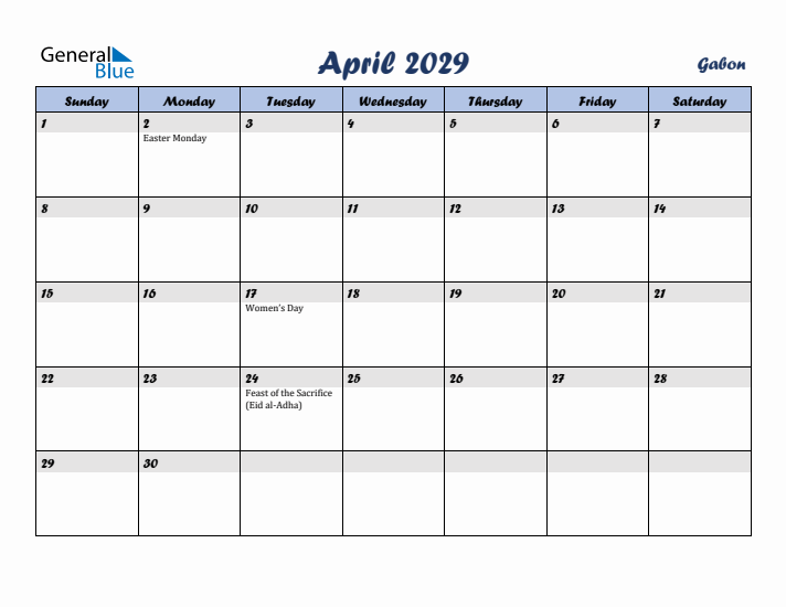 April 2029 Calendar with Holidays in Gabon