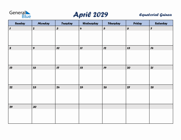 April 2029 Calendar with Holidays in Equatorial Guinea