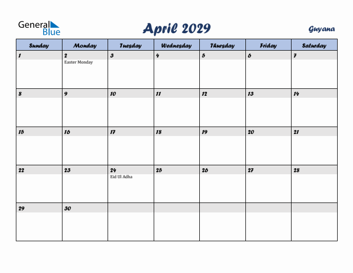 April 2029 Calendar with Holidays in Guyana