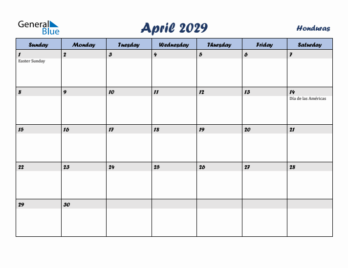 April 2029 Calendar with Holidays in Honduras