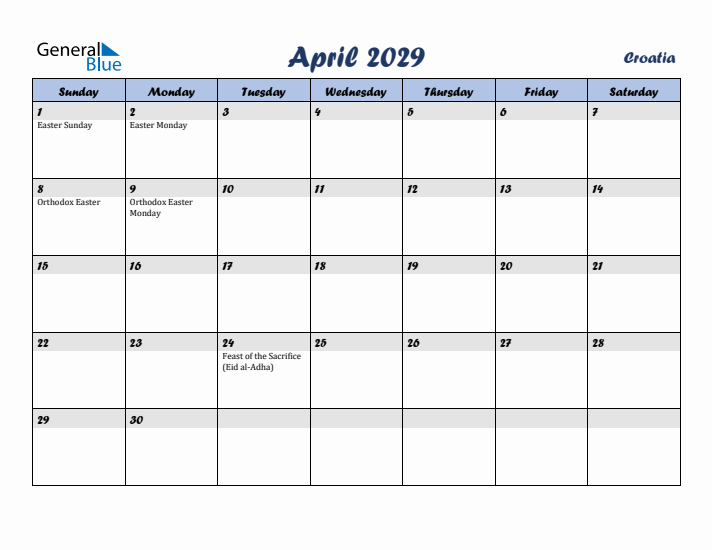 April 2029 Calendar with Holidays in Croatia
