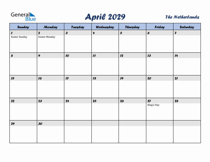 April 2029 Calendar with Holidays in The Netherlands