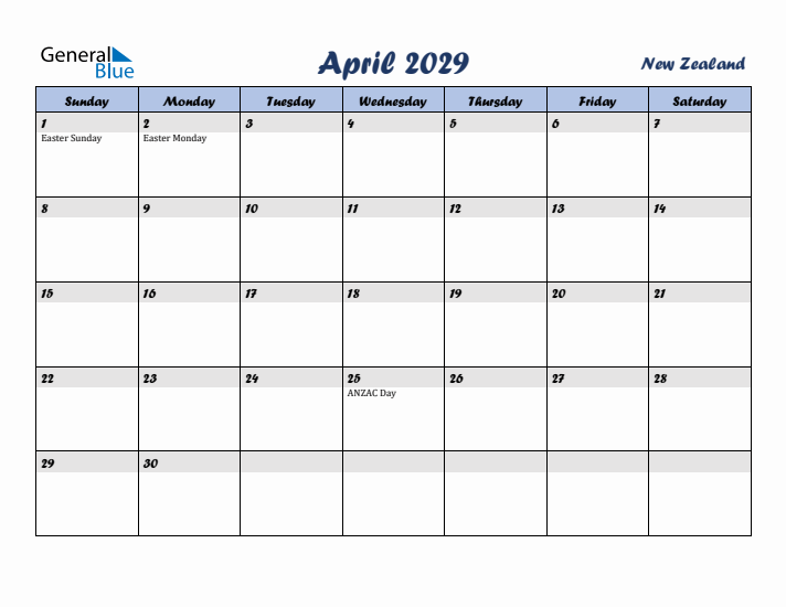 April 2029 Calendar with Holidays in New Zealand