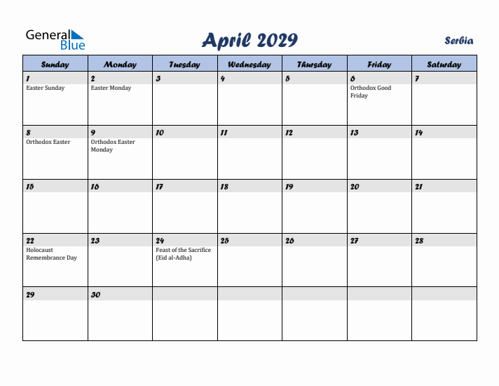 April 2029 Calendar with Holidays in Serbia