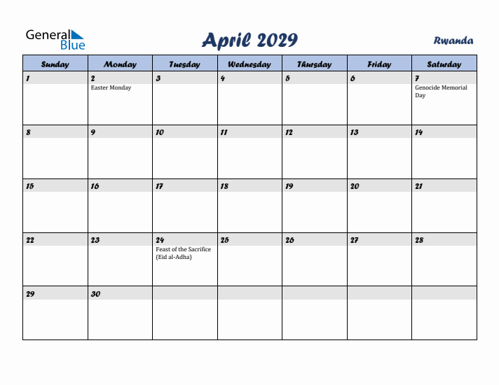 April 2029 Calendar with Holidays in Rwanda