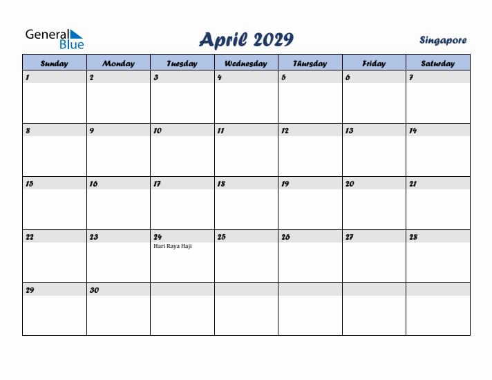 April 2029 Calendar with Holidays in Singapore