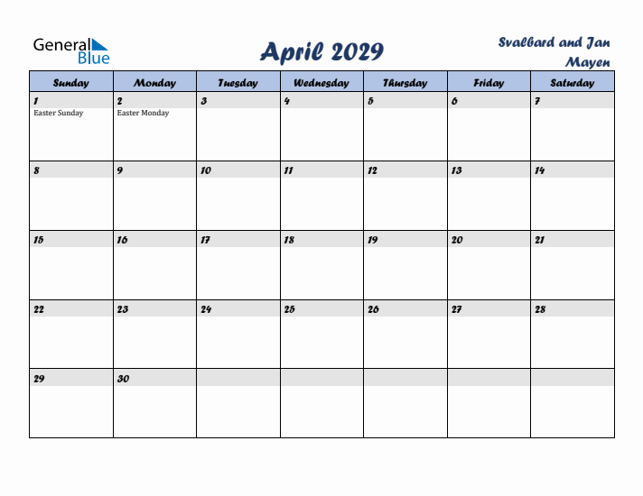 April 2029 Calendar with Holidays in Svalbard and Jan Mayen