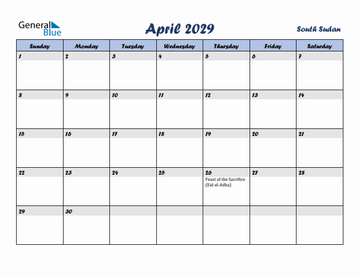April 2029 Calendar with Holidays in South Sudan