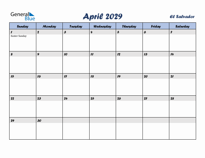 April 2029 Calendar with Holidays in El Salvador