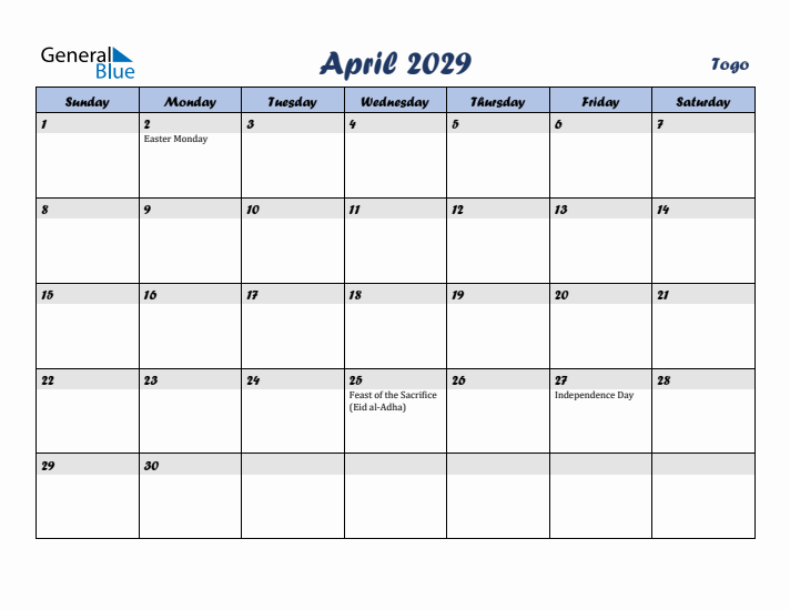April 2029 Calendar with Holidays in Togo