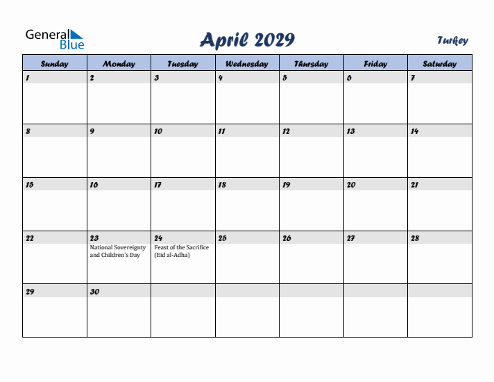 April 2029 Calendar with Holidays in Turkey