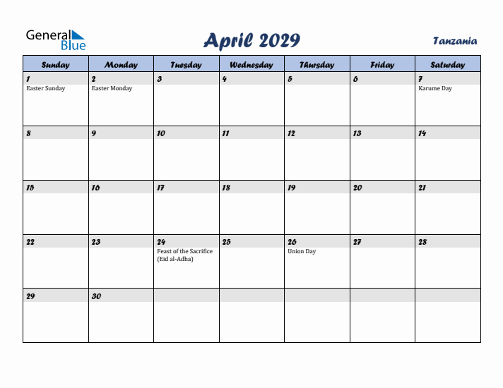 April 2029 Calendar with Holidays in Tanzania