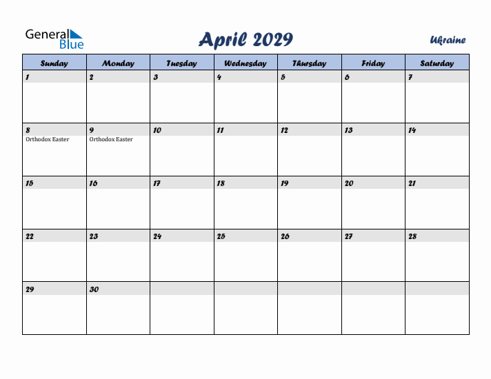 April 2029 Calendar with Holidays in Ukraine