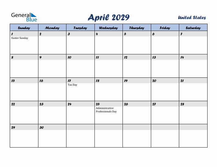 April 2029 Calendar with Holidays in United States