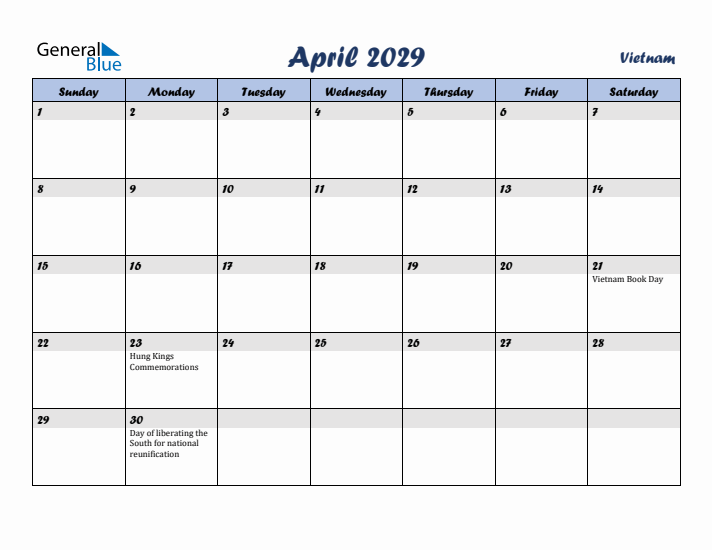 April 2029 Calendar with Holidays in Vietnam