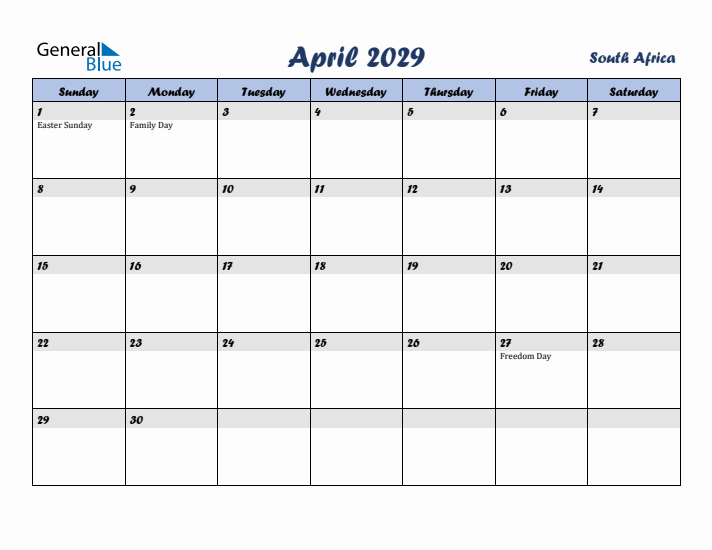 April 2029 Calendar with Holidays in South Africa
