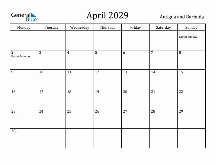 April 2029 Calendar Antigua and Barbuda