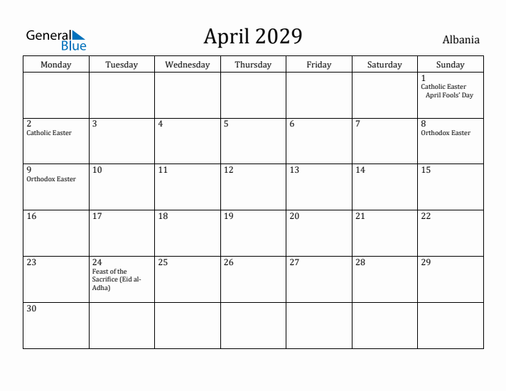 April 2029 Calendar Albania