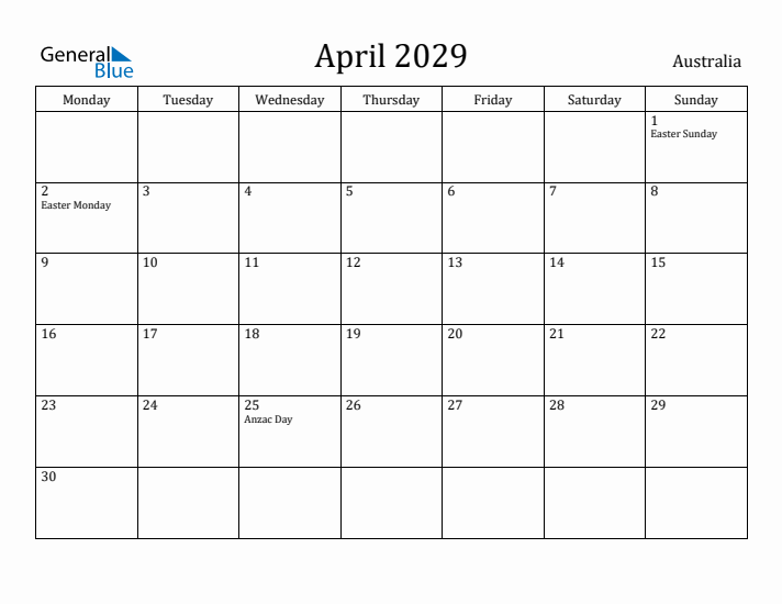 April 2029 Calendar Australia