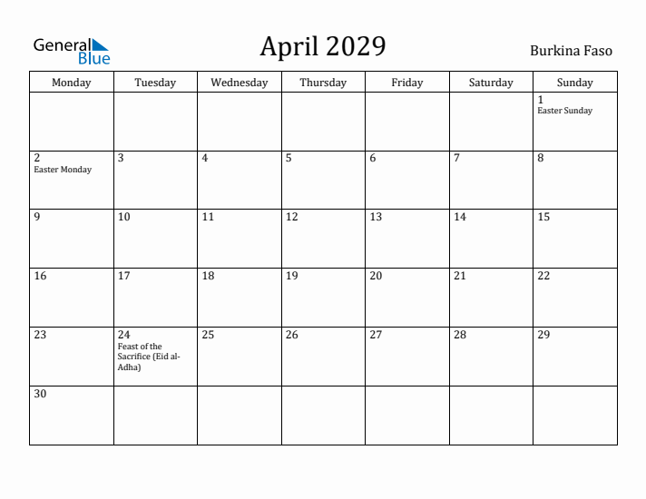 April 2029 Calendar Burkina Faso