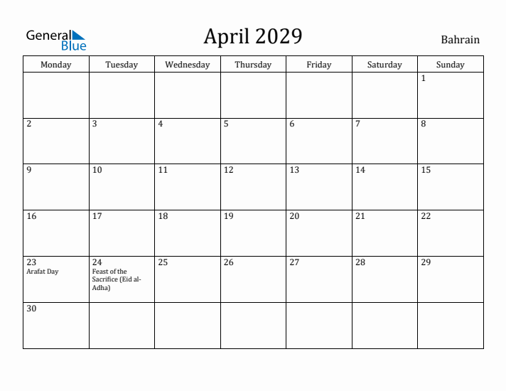 April 2029 Calendar Bahrain
