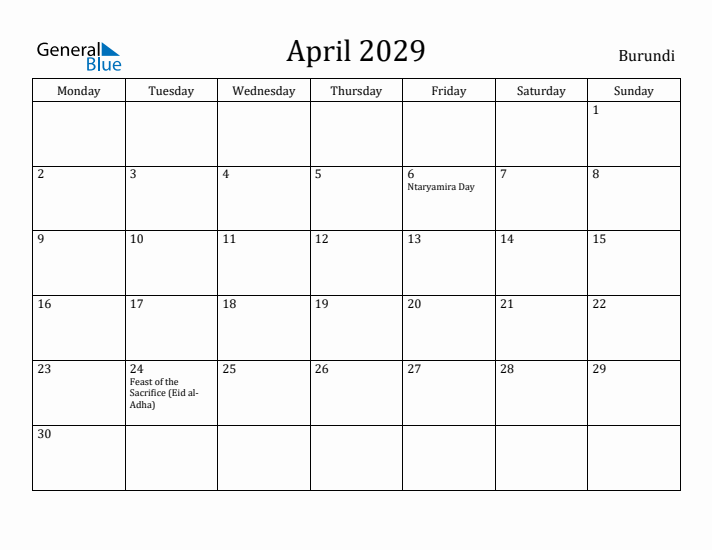 April 2029 Calendar Burundi