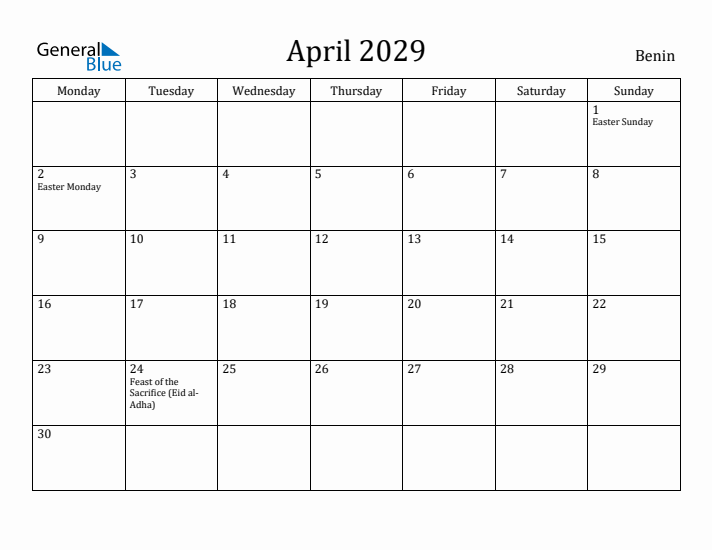 April 2029 Calendar Benin