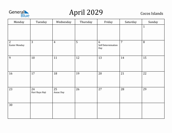 April 2029 Calendar Cocos Islands
