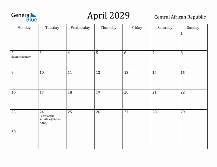 April 2029 Calendar Central African Republic