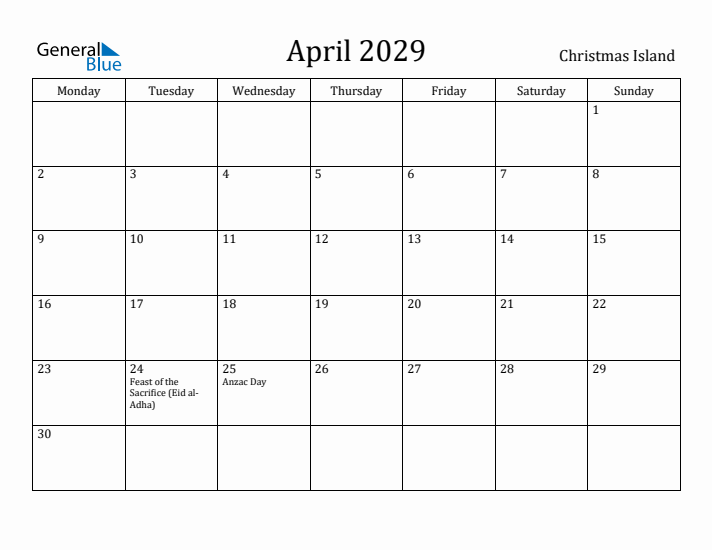 April 2029 Calendar Christmas Island