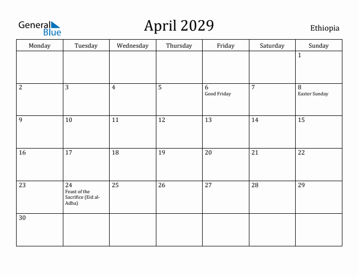 April 2029 Calendar Ethiopia