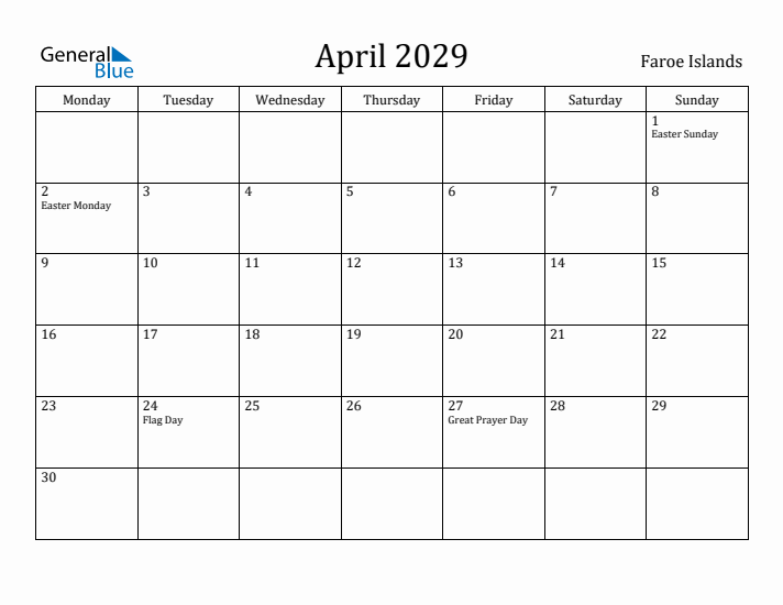 April 2029 Calendar Faroe Islands