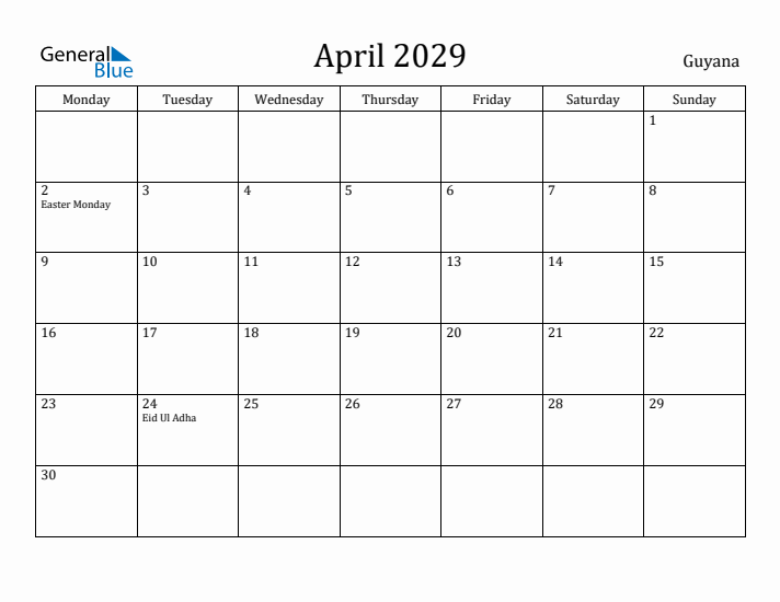 April 2029 Calendar Guyana