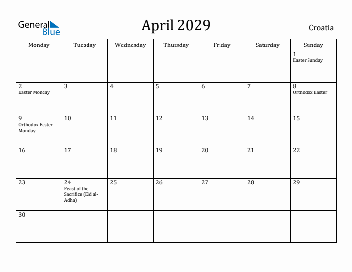 April 2029 Calendar Croatia