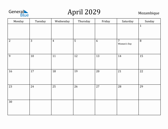April 2029 Calendar Mozambique