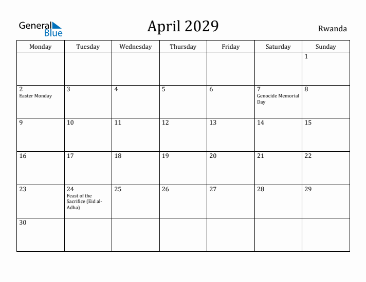 April 2029 Calendar Rwanda
