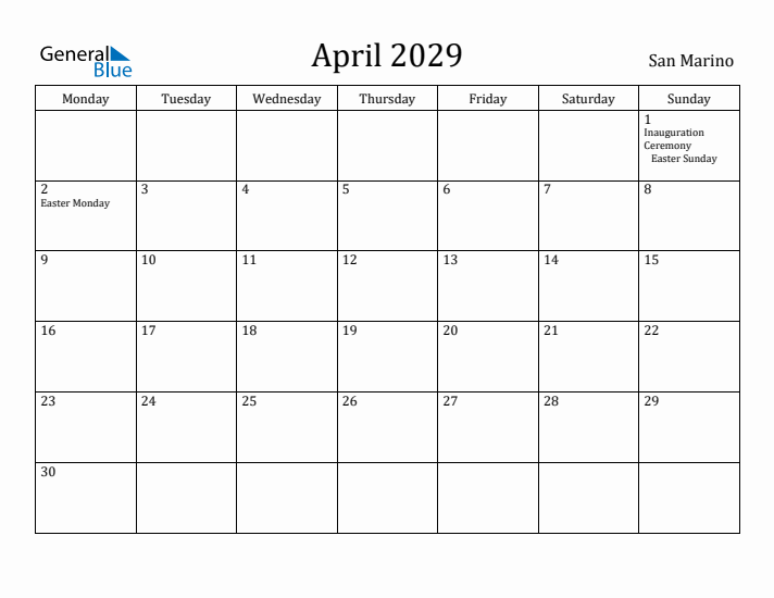 April 2029 Calendar San Marino