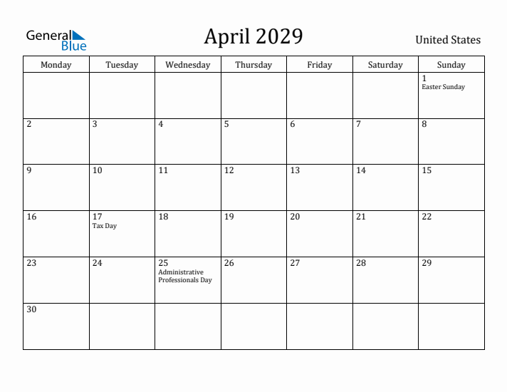 April 2029 Calendar United States