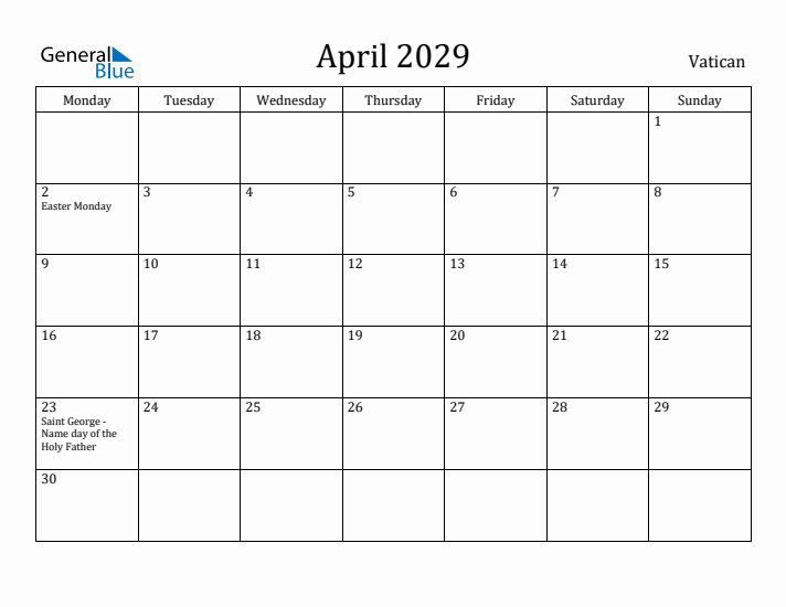 April 2029 Calendar Vatican